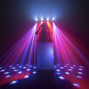 dj dancing lights projected on dancefloor